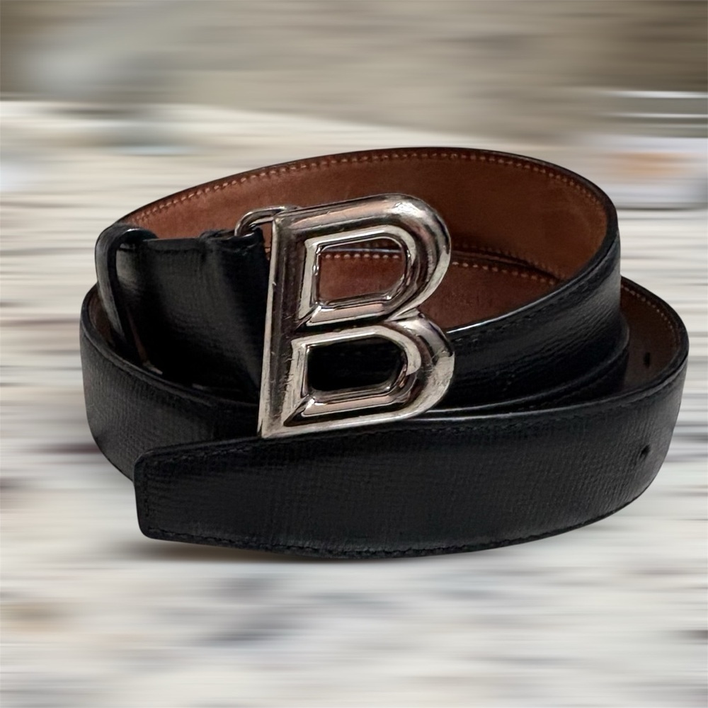 BALLY Black Leather Skinny Belt Gold B Buckle EU 95 / US 38 Designer - Picture 2 of 11